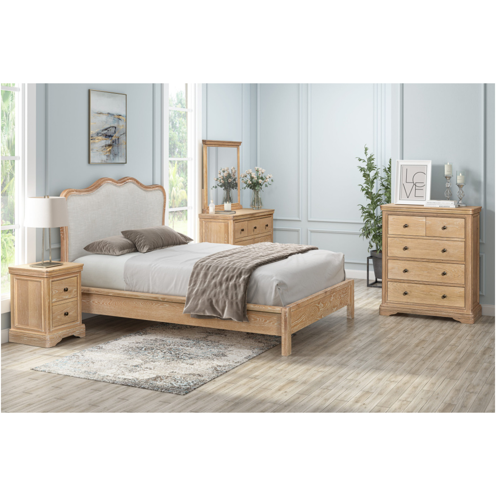 Alberta Low End Whitewashed Oak Bed, Linen Panel in Grey / Taupe