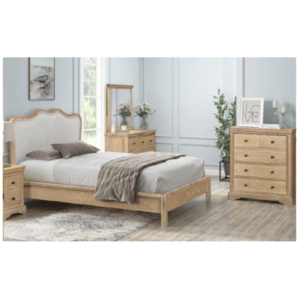 Alberta Low End Whitewashed Oak Bed, Linen Panel in Grey / Taupe