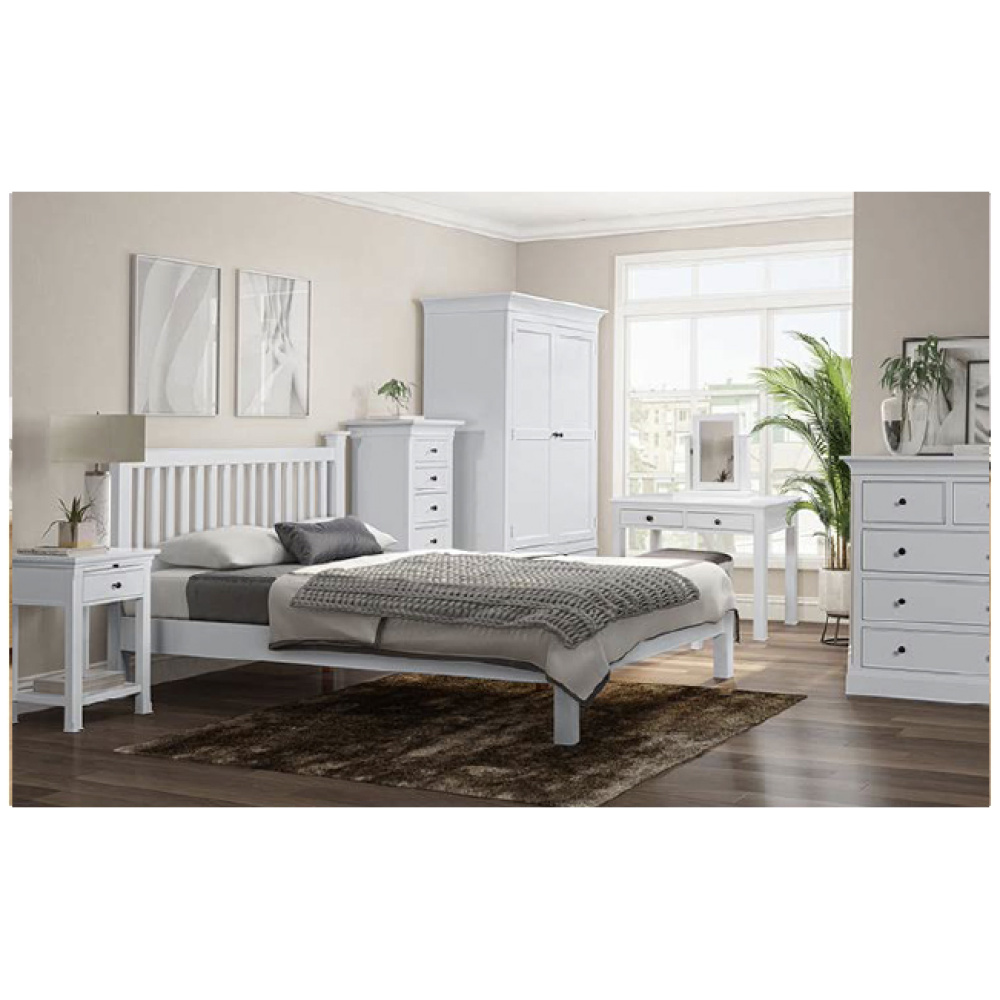 Alberta Low End Whitewashed Oak Bed, Linen Panel in Grey / Taupe